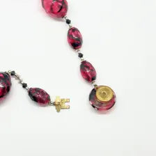 Vintage Clear Magenta and Black Striped Blown Glass Beads Necklace