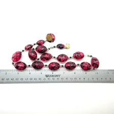Vintage Clear Magenta and Black Striped Blown Glass Beads Necklace