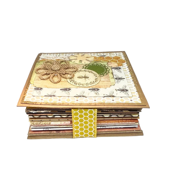 Massive Hand Crafted Mini Album Journal - Capture memories in a vintage bee-themed handcrafted mini album with multiple slots and a Velcro closure. Shop now!