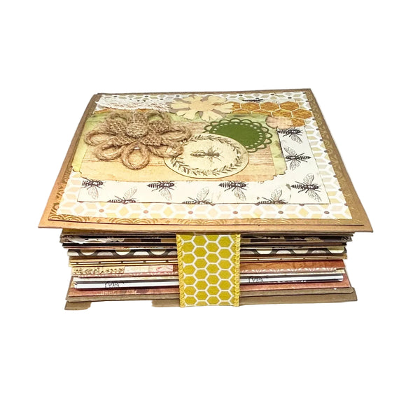Massive Hand Crafted Mini Album Journal - Capture memories in a vintage bee-themed handcrafted mini album with multiple slots and a Velcro closure. Shop now!