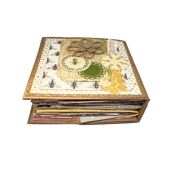 Massive Hand Crafted Mini Album Journal - Capture memories in a vintage bee-themed handcrafted mini album with multiple slots and a Velcro closure. Shop now!