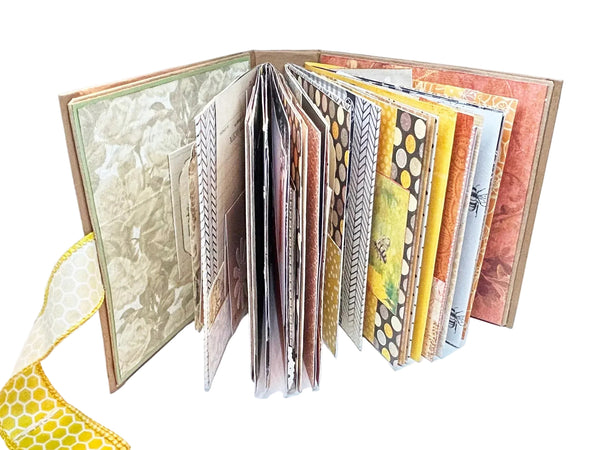 Massive Hand Crafted Mini Album Journal - Capture memories in a vintage bee-themed handcrafted mini album with multiple slots and a Velcro closure. Shop now!