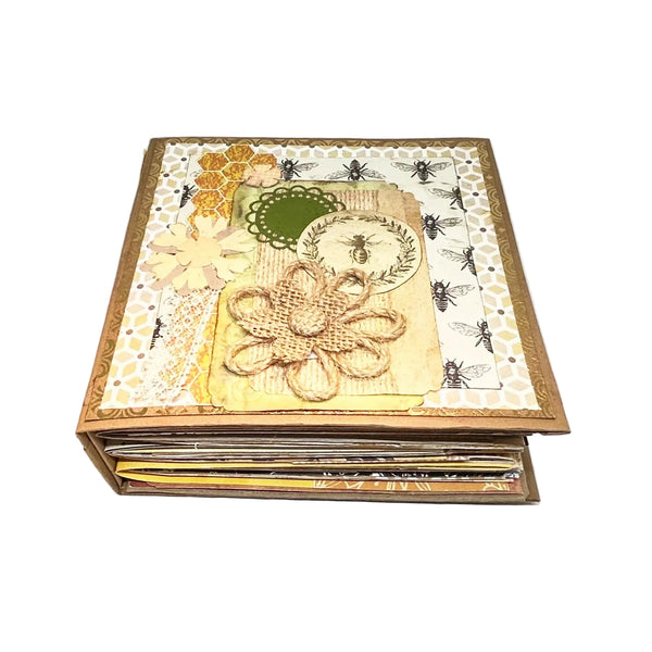 Massive Hand Crafted Mini Album Journal - Capture memories in a vintage bee-themed handcrafted mini album with multiple slots and a Velcro closure. Shop now!