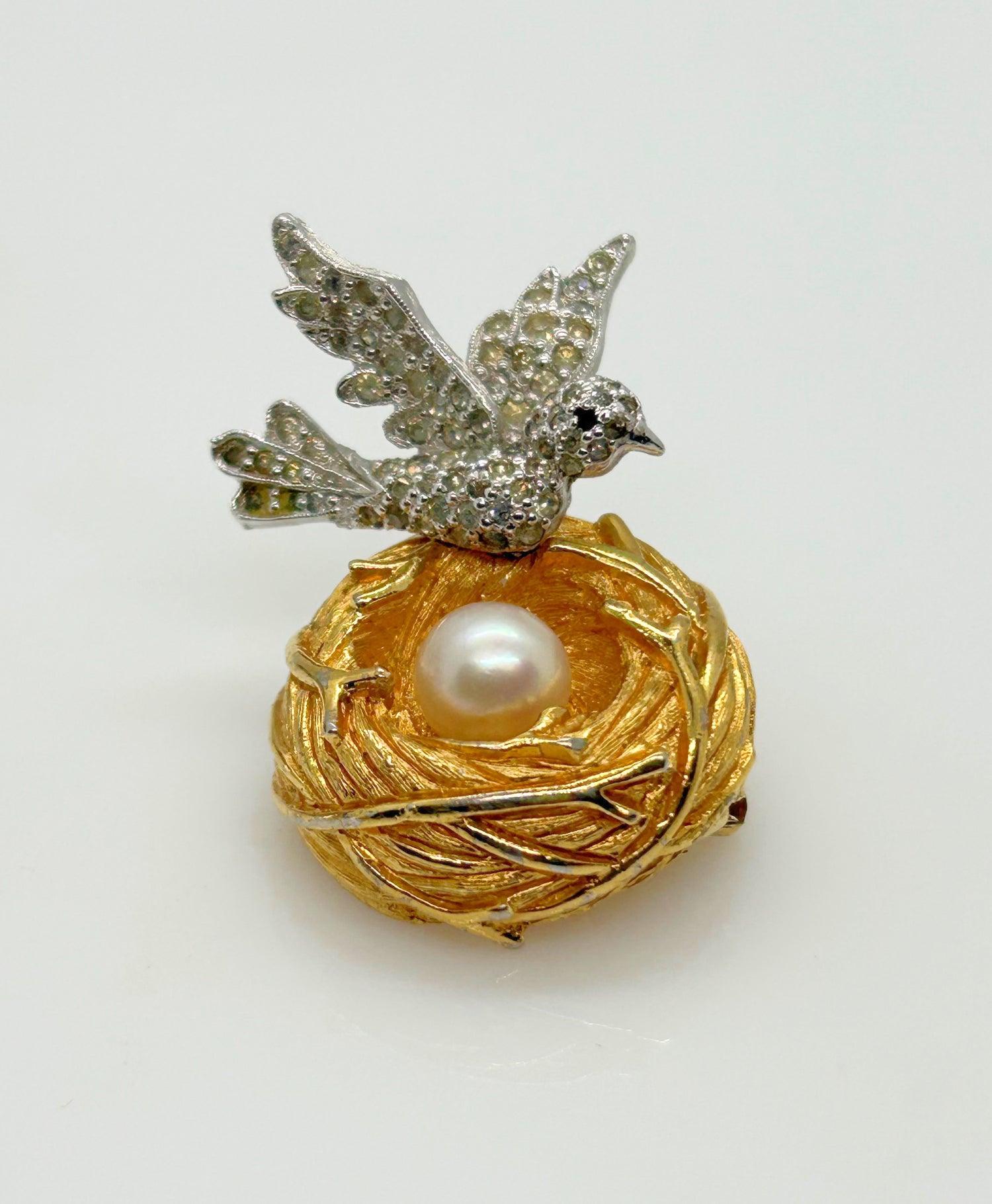 Vintage Bird and Nest with Pearl Egg Brooch