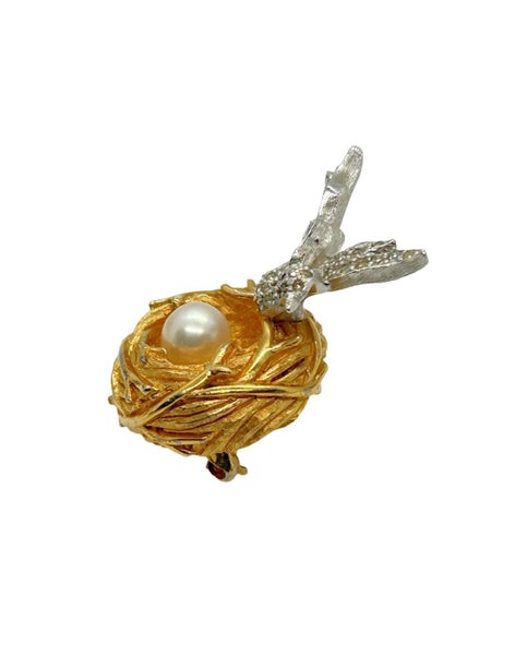 Vintage Bird and Nest with Pearl Egg Brooch