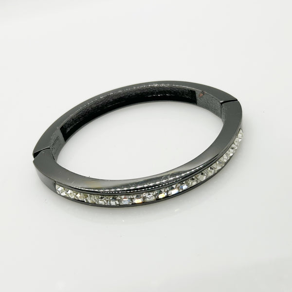 Black Metal Hinged Bangle Bracelet With Clear Baguettes