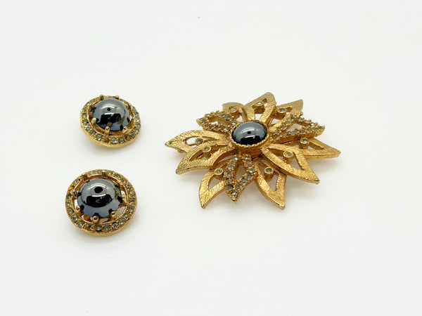 Vintage Flower Brooch and Earring Set with Luminous Black Glass Stones