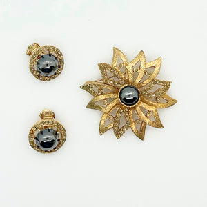 Vintage Flower Brooch and Earring Set with Luminous Black Glass Stones