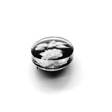 oval cameo brooch depicting a white rose with leaves carved against a dark, polished background.  