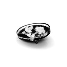 oval cameo brooch depicting a white rose with leaves carved against a dark, polished background. 