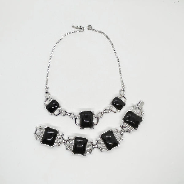 Striking Vintage Silver and Black Necklace and Bracelet Demi Parure