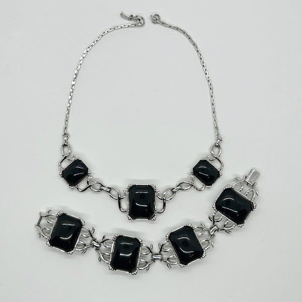 Striking Vintage Silver and Black Necklace and Bracelet Demi Parure