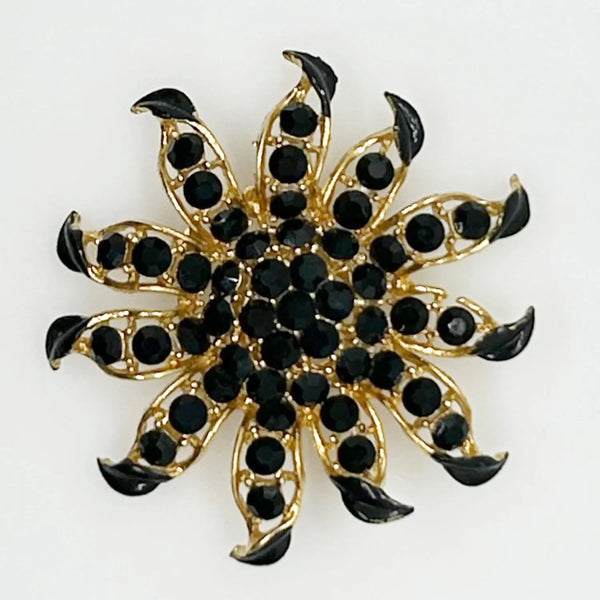 Striking Black and Gold Floral Vintage Brooch