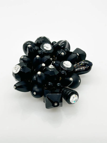 Handcrafted Vintage Black Beads and Rhinestones Pin