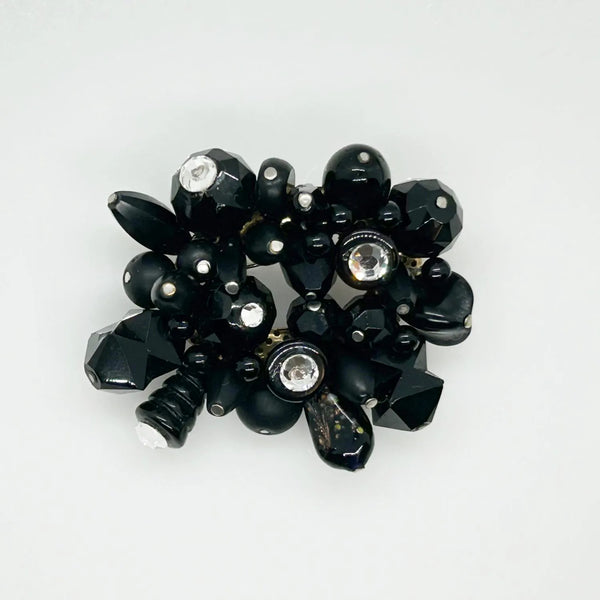 Handcrafted Vintage Black Beads and Rhinestones Pin