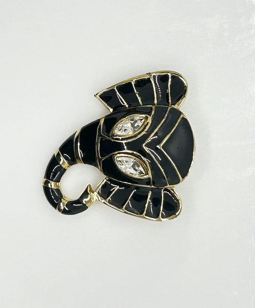 Striking Black Enamel and Rhinestone Elephant Brooch