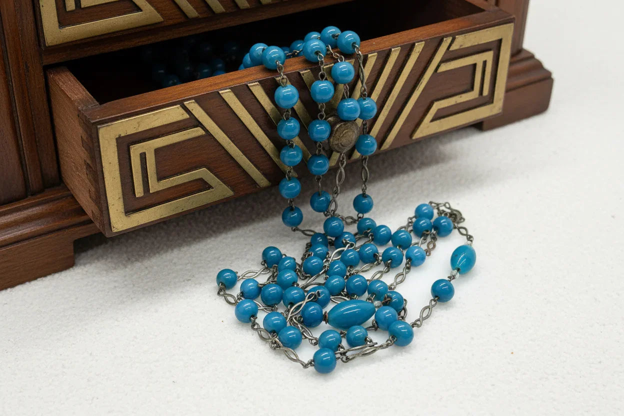 Discover the rich turquoise charm of our Gorgeous Rich Turquoise Colored Beads Antique Lariat Necklace. Elevate your style with vintage elegance.