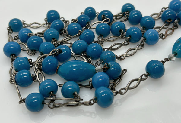 Gorgeous Rich Turquoise Colored Beads Antique Lariat Necklace