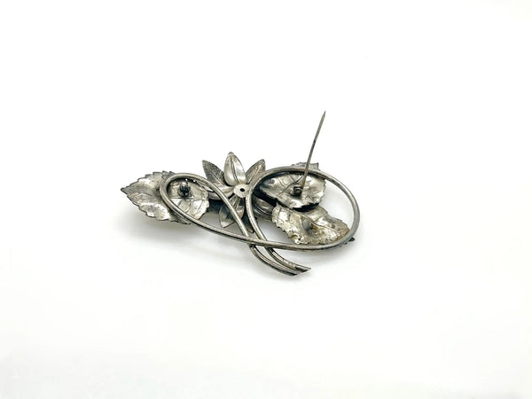 Vintage Textured Silver Flower Brooch Pin - Central Blue Faux-Gemstone