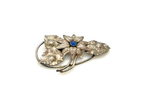 Vintage Textured Silver Flower Brooch Pin - Central Blue Faux-Gemstone