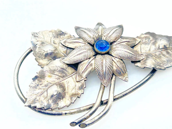 Vintage Textured Silver Flower Brooch Pin - Central Blue Faux-Gemstone