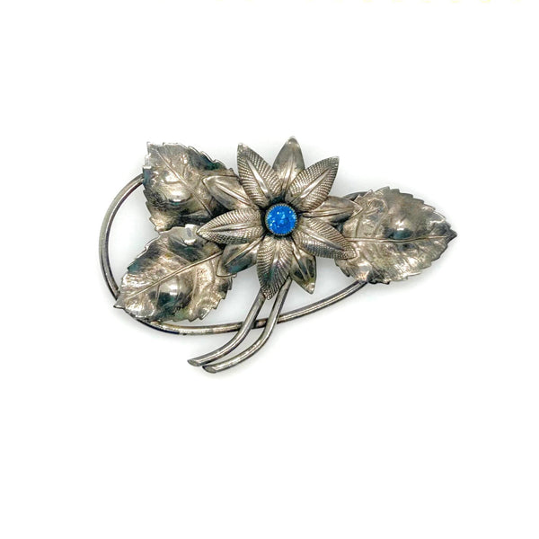 Vintage Textured Silver Flower Brooch Pin - Central Blue Faux-Gemstone