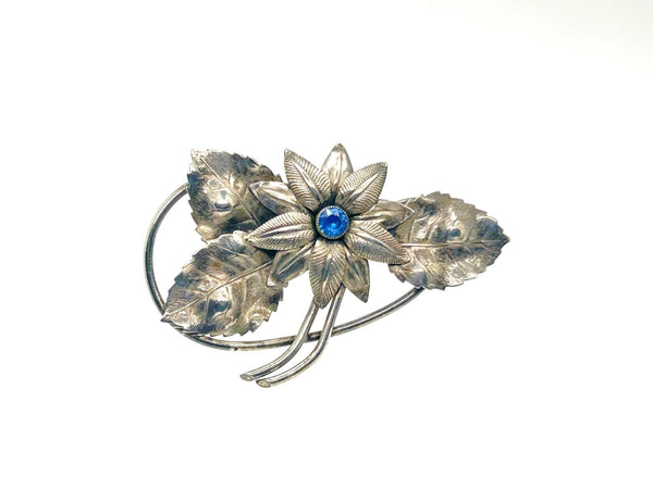 Vintage Textured Silver Flower Brooch Pin - Central Blue Faux-Gemstone