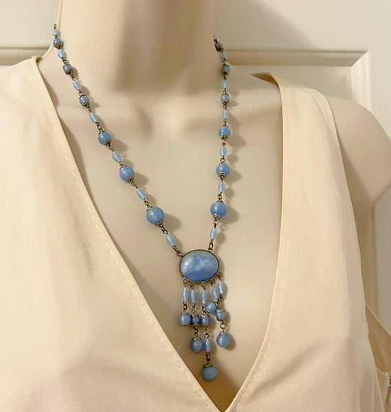 Czechoslovakian Sky Blue Art Glass Drop Necklace