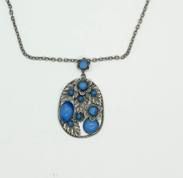 Czech Blue Glass Floral Pendant Necklace