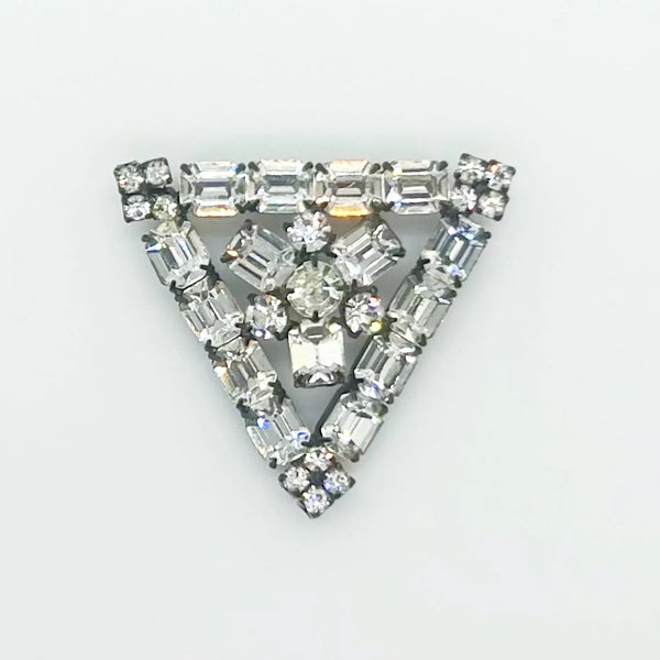 Vintage Geometric Bright Crystals Brooch in Japanned Metal -