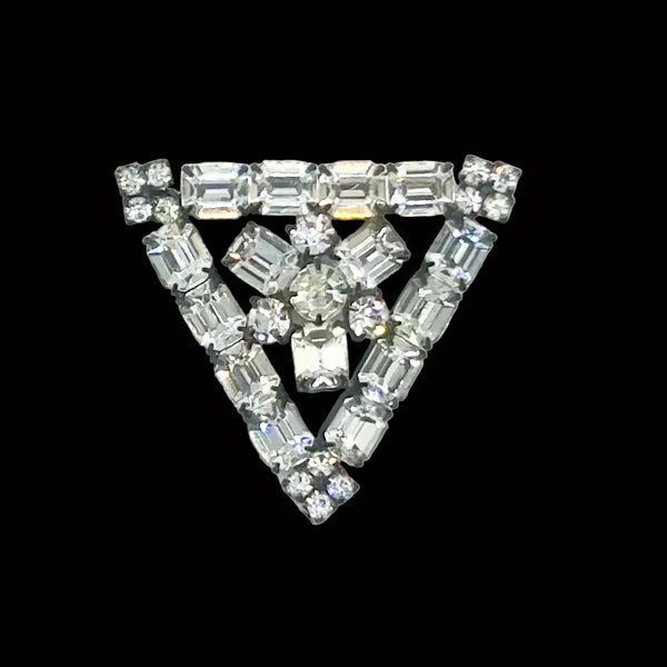 Vintage Geometric Bright Crystals Brooch in Japanned Metal