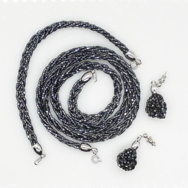 Vintage Gleaming Black Braided Beaded Trifari Set