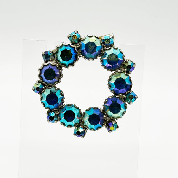 Vintage Iridescent Blues Circle Brooch