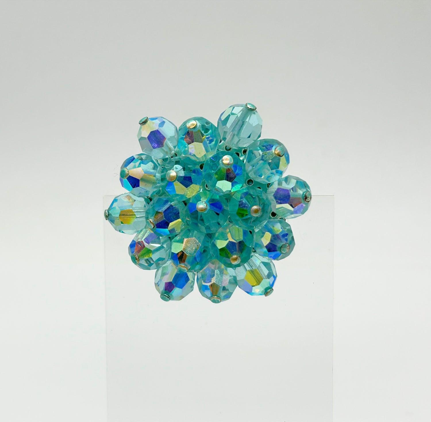 Vintage Round Blue Aurora Borealis Beads Brooch