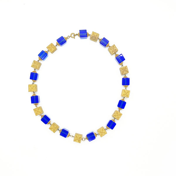Stunning Antique Blue Glass and Brass Beads Necklace
