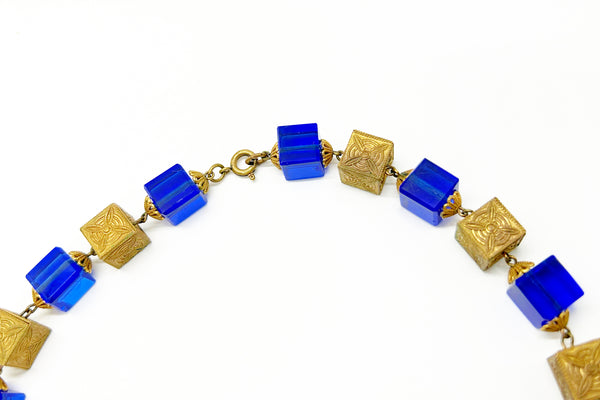 Stunning Antique Blue Glass and Brass Beads Necklace