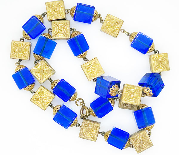 Stunning Antique Blue Glass and Brass Beads Necklace