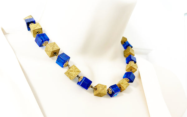 Stunning Antique Blue Glass and Brass Beads Necklace