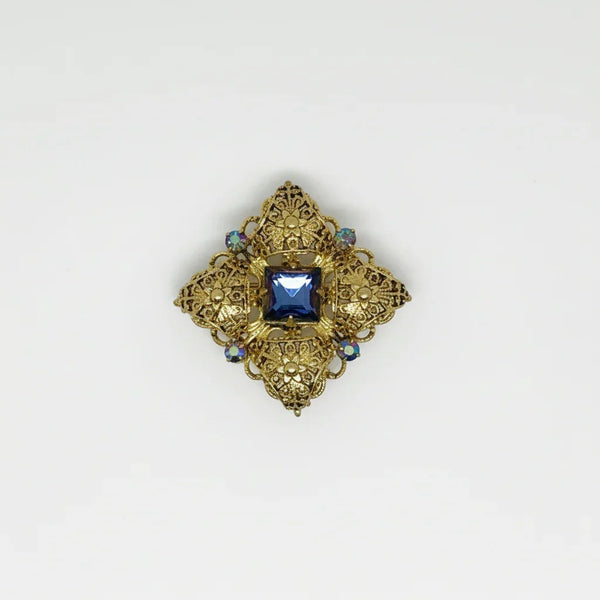 Fancy Filigree Vintage Czech Pin with Blue Stones