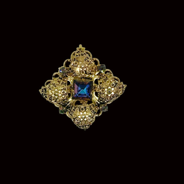 Fancy Filigree Vintage Czech Pin with Blue Stones