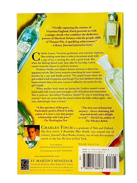 A Beautiful Blue Death by Charles Finch. Published in 2007, it is the debut novel in the Charles Lenox Mysteries series, which features a gentleman amateur sleuth in Victorian London
