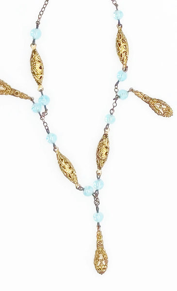 Antique 1920s Blue Glass and Filigree Bead Necklace