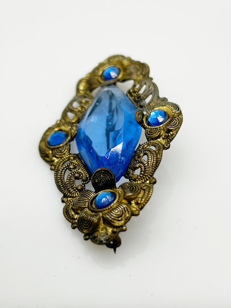 Vintage Filigree Victorian Brooch with Blue Stones