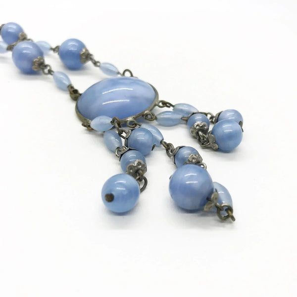 Antique Czechoslovakian Sky Blue Art Glass Drop Negligee Necklace
