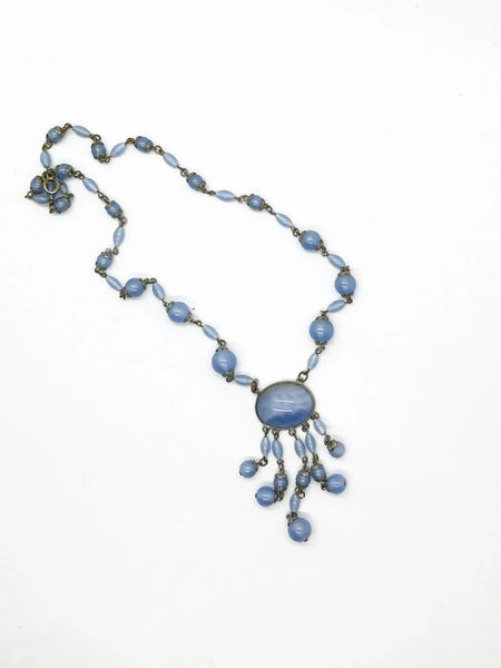 Antique Czechoslovakian Sky Blue Art Glass Drop Negligee Necklace