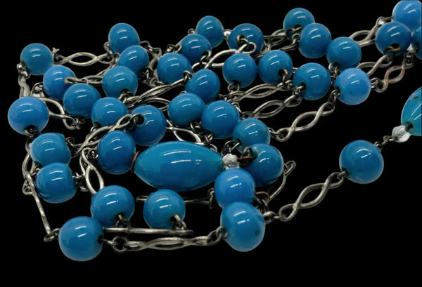 Discover the rich turquoise charm of our Gorgeous Rich Turquoise Colored Beads Antique Lariat Necklace. Elevate your style with vintage elegance.