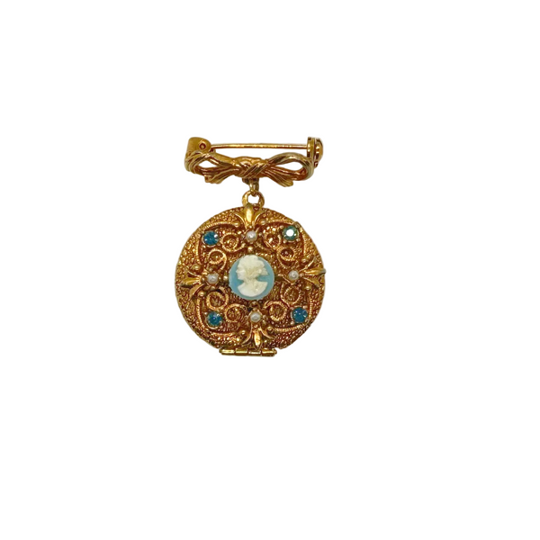 Vintage Mid-Century Victorian Revival Cameo Locket Pendant Bow Pin