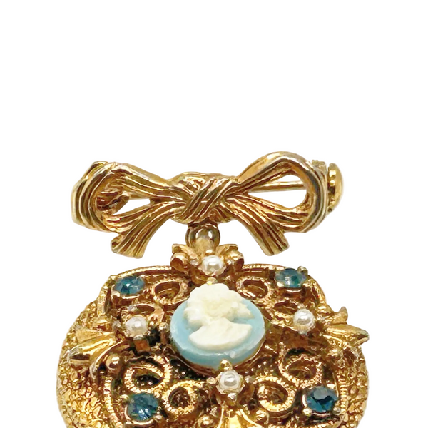 Vintage Mid-Century Victorian Revival Cameo Locket Pendant Bow Pin