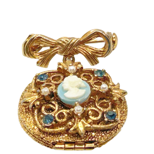 Vintage Mid-Century Victorian Revival Cameo Locket Pendant Bow Pin