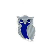 Shop this vintage-style striped owl brooch. A bold blue and white acrylic mod pin perfect for adding retro 70s op art charm to blazers and coats